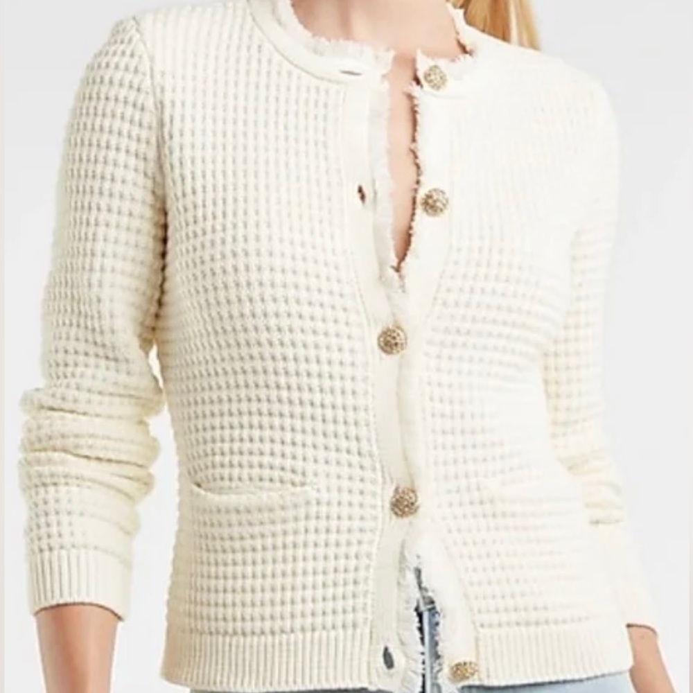 EXPRESS Textured Embellished Button Fringe Sweater Jacket